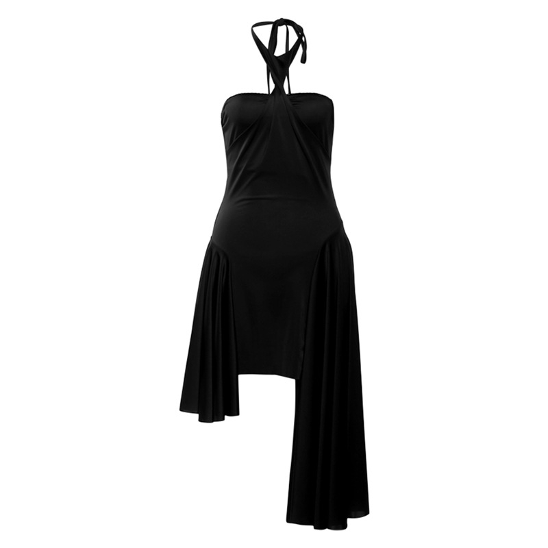 Rochie cu gât halter, fără mâneci, talie înaltă, croială A-line, poliester.