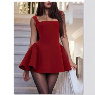 Rochie cu bretele, poliester, culoare solidă, decolteu pătrat, talie înaltă