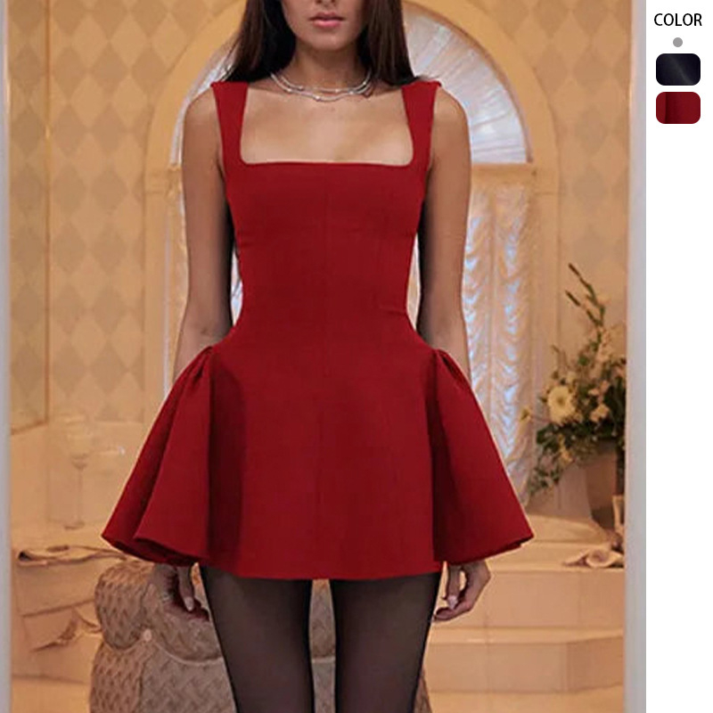 Rochie cu bretele, poliester, culoare solidă, decolteu pătrat, talie înaltă