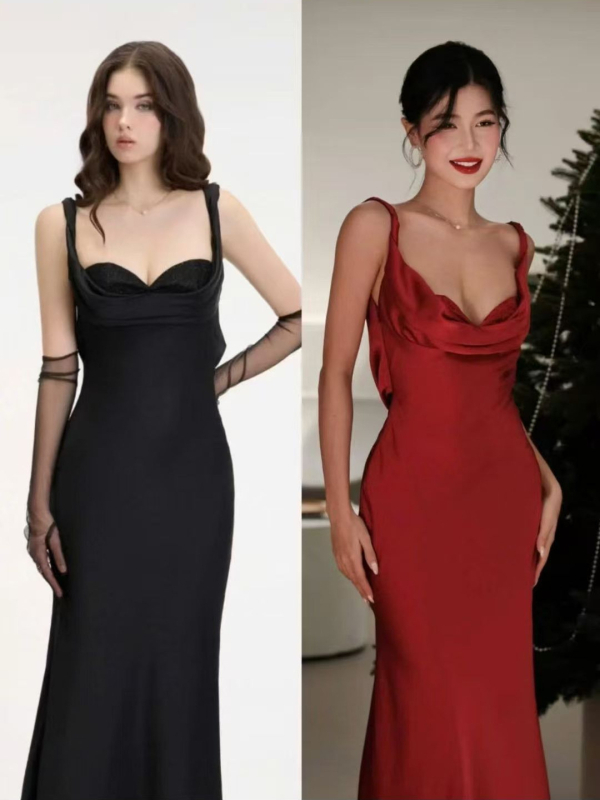 Rochie cu bretele în stil sling, fără mâneci, lungă, material poliester, culoare solidă.