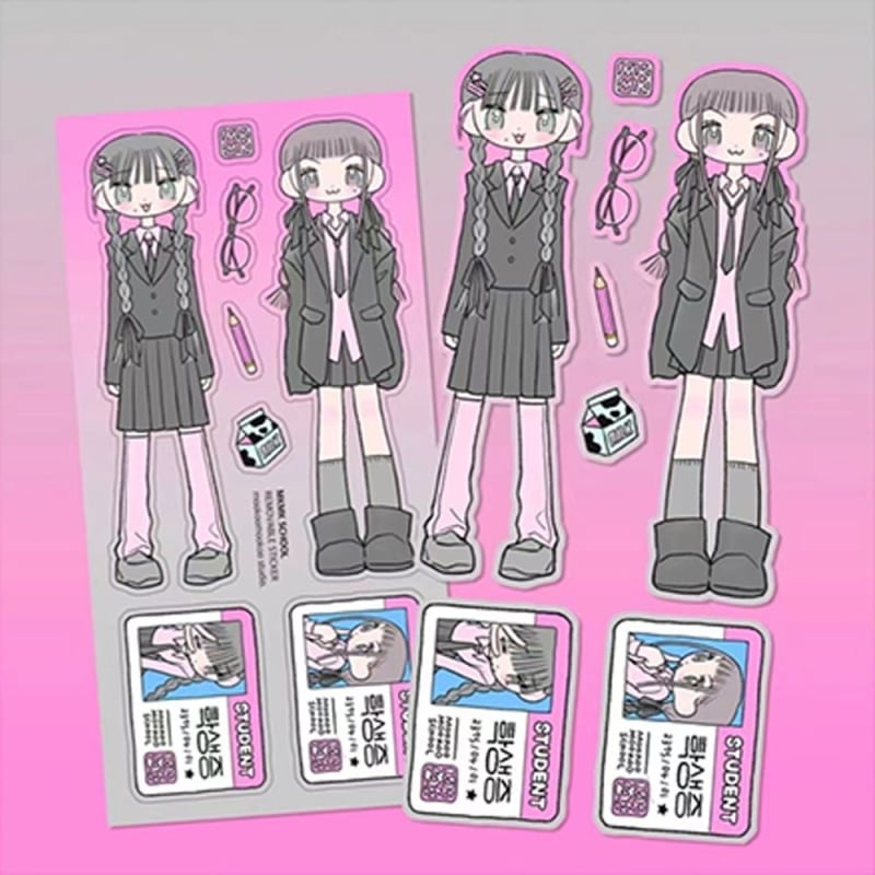 Stickere pentru planner: stil coreean, caracter cu uniformă Y2K, adezive, hârtie sintetică, imprimare, fără licență IP