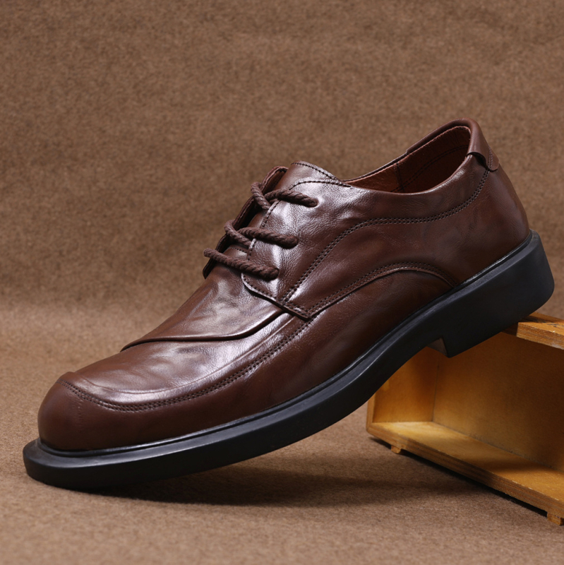 Vyriniai odiniai bateliai biurui ir laisvalaikiui, su apvalia nosimi, raišteliai, viršus iš veršienos odos, gumos padas