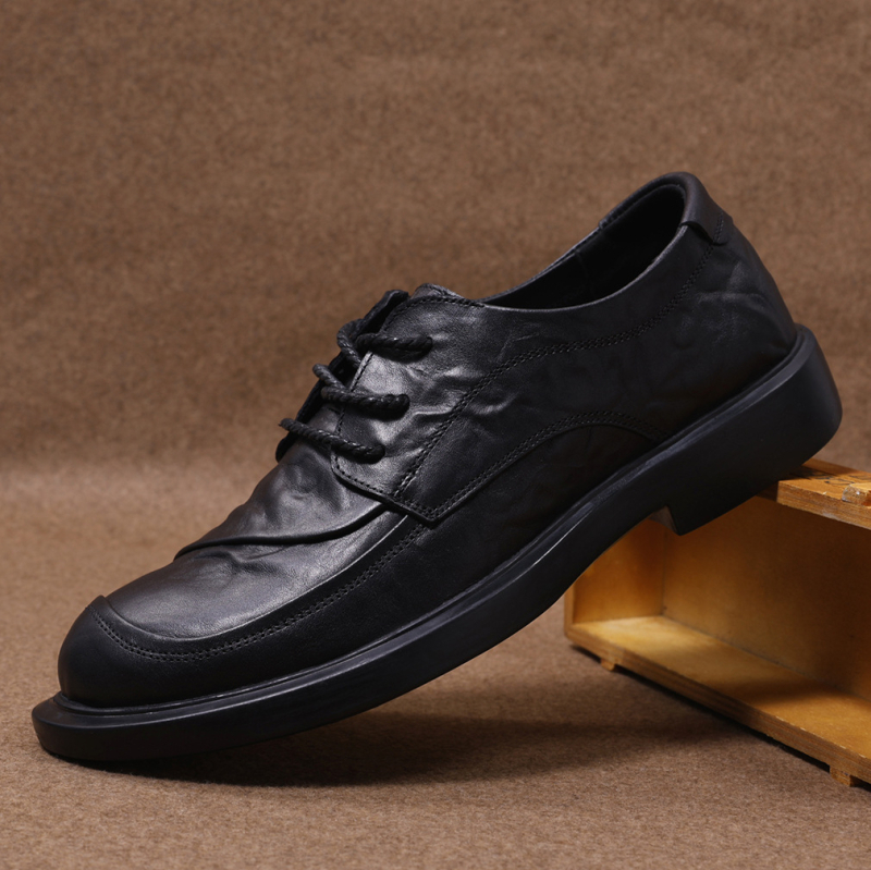 Vyriniai odiniai bateliai biurui ir laisvalaikiui, su apvalia nosimi, raišteliai, viršus iš veršienos odos, gumos padas