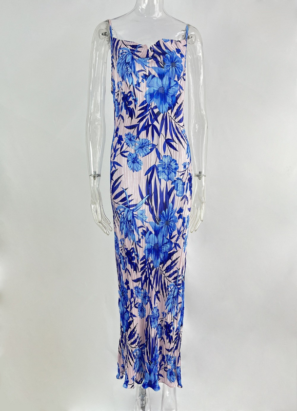 Rochie imprimată din poliester și spandex, cu bretele, decolteu în V, fără mâneci