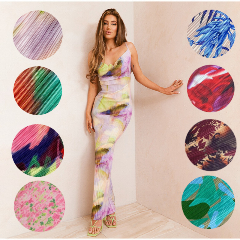 Rochie imprimată din poliester și spandex, cu bretele, decolteu în V, fără mâneci