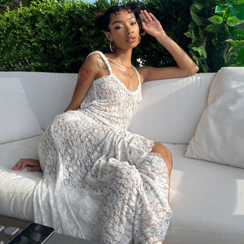 Rochie din dantelă cu halter, fără mâneci, poliester, talie înaltă, lungă