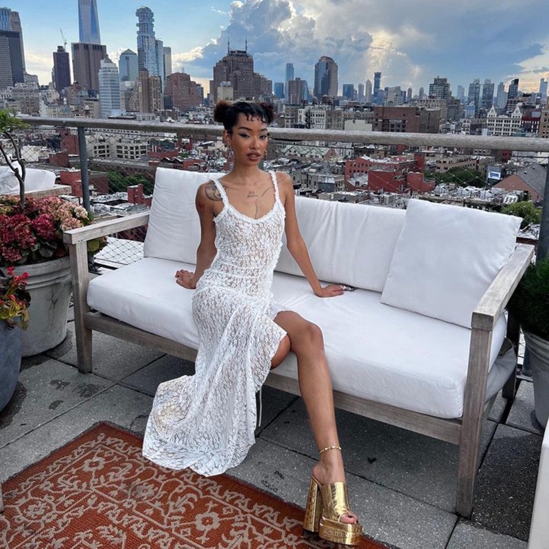 Rochie din dantelă cu halter, fără mâneci, poliester, talie înaltă, lungă