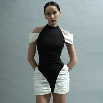 Rochie cu patchwork, fără mâneci, guler rotund, fustă lungă neregulată, fermoar, poliester elastic