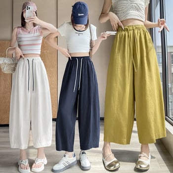 Ženske hlače od Tencel-Linena, visoki struk, širokog kroja, skraćena dužina, lagana tkanina, sastav 70% Lyocell / 30% len