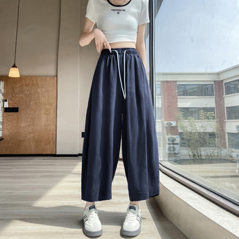 Ženske hlače od Tencel-Linena, visoki struk, širokog kroja, skraćena dužina, lagana tkanina, sastav 70% Lyocell / 30% len