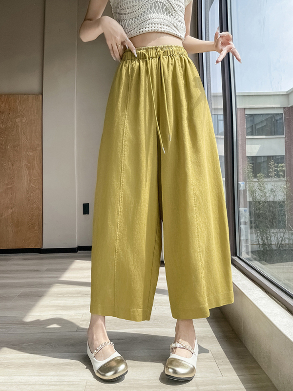 Ženske hlače od Tencel-Linena, visoki struk, širokog kroja, skraćena dužina, lagana tkanina, sastav 70% Lyocell / 30% len