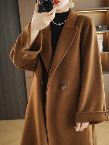 Dámsky vlnený kabát, Hepburn štýl, dlhý, dvojradové zapínanie, dĺžka 80-100 cm, 95% vlna