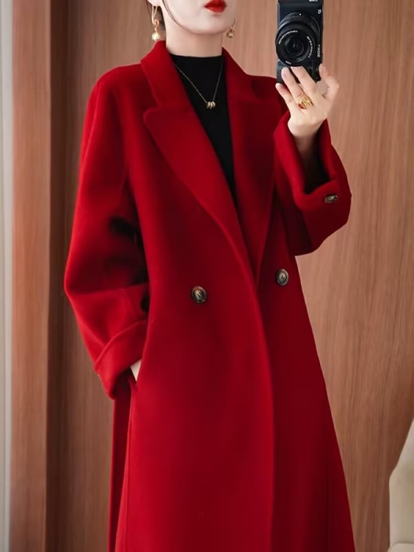 Dámsky vlnený kabát, Hepburn štýl, dlhý, dvojradové zapínanie, dĺžka 80-100 cm, 95% vlna