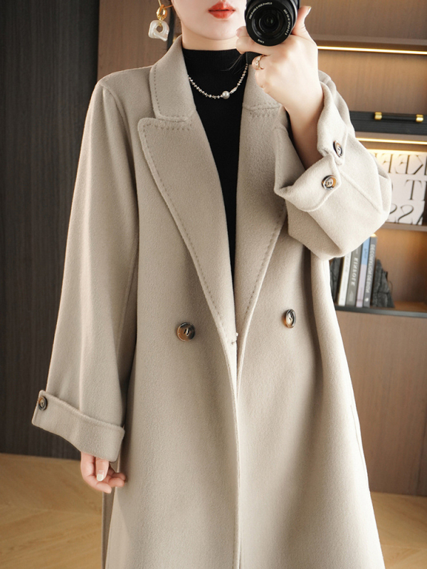 Dámsky vlnený kabát, Hepburn štýl, dlhý, dvojradové zapínanie, dĺžka 80-100 cm, 95% vlna