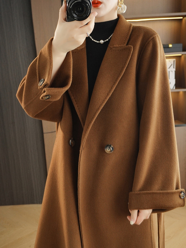 Dámsky vlnený kabát, Hepburn štýl, dlhý, dvojradové zapínanie, dĺžka 80-100 cm, 95% vlna