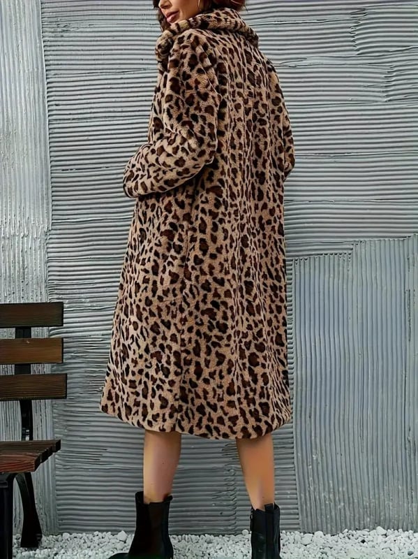 Dugi kaput s leopard printom, gumba za zatvaranje, poliester, standardni kroj, jesen 2023