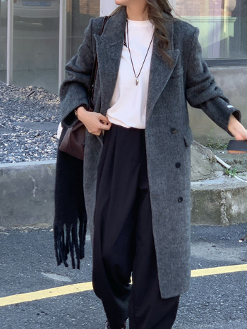 Ženski vuneni kaput, dvostruko kopčanje, ovratnik sakou, duljina do koljena, gradski stil, 95% vune