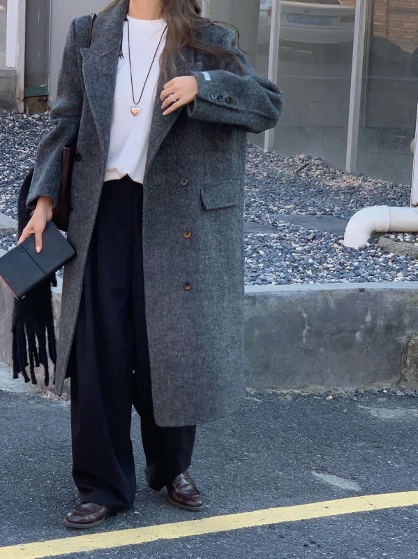 Ženski vuneni kaput, dvostruko kopčanje, ovratnik sakou, duljina do koljena, gradski stil, 95% vune