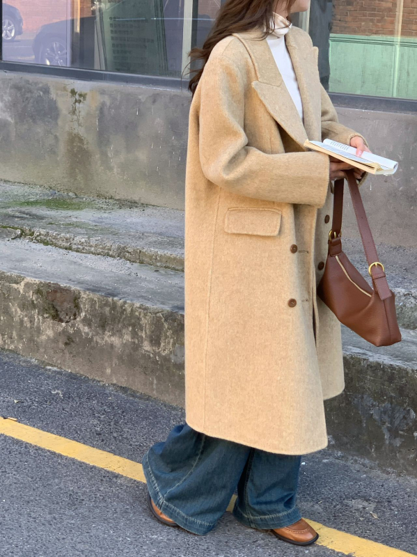 Ženski vuneni kaput, dvostruko kopčanje, ovratnik sakou, duljina do koljena, gradski stil, 95% vune