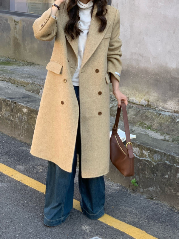 Ženski vuneni kaput, dvostruko kopčanje, ovratnik sakou, duljina do koljena, gradski stil, 95% vune