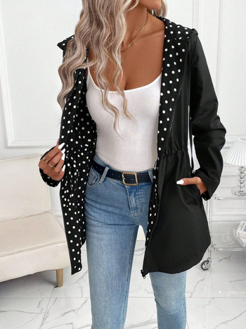 Női visszafordítható kapucnis zipzáros dzseki leopárd mintás zsebekkel, poliészter, közepes vastagságú, derékhosszú