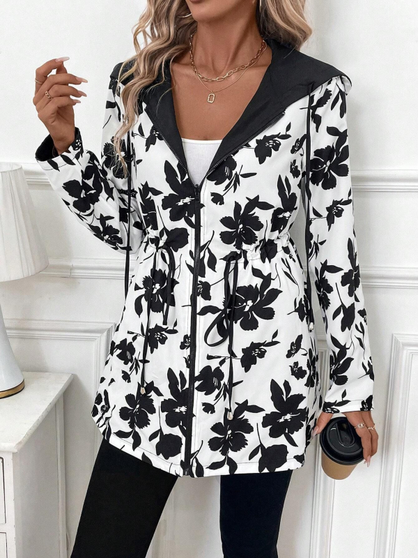 Női visszafordítható kapucnis zipzáros dzseki leopárd mintás zsebekkel, poliészter, közepes vastagságú, derékhosszú