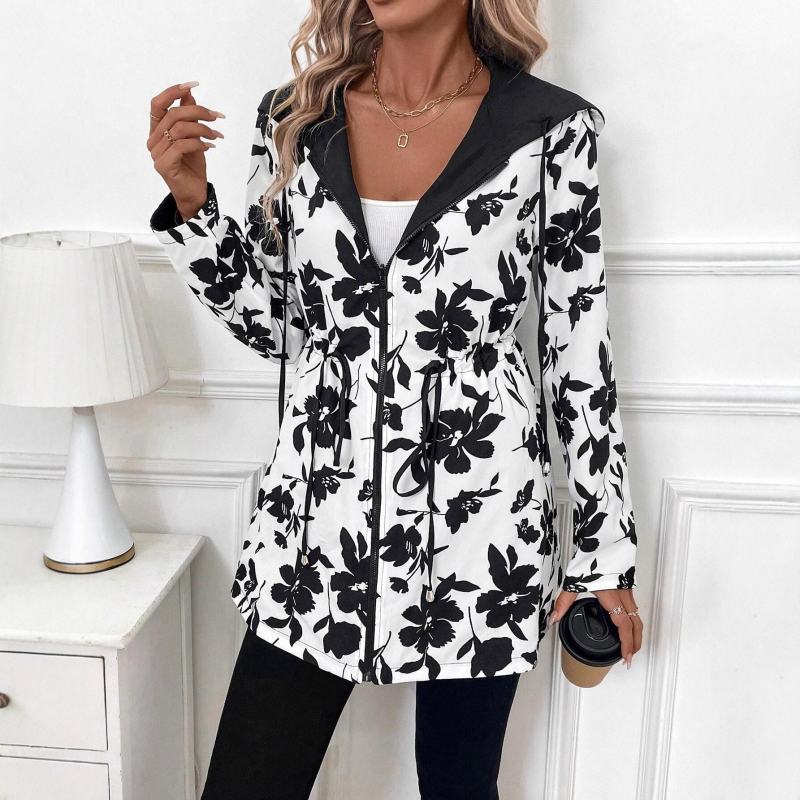 Női visszafordítható kapucnis zipzáros dzseki leopárd mintás zsebekkel, poliészter, közepes vastagságú, derékhosszú