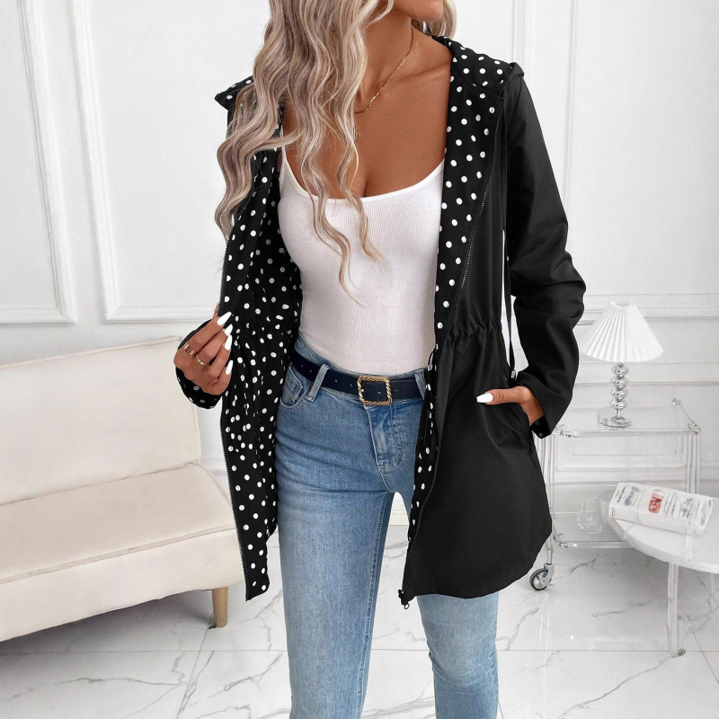 Női visszafordítható kapucnis zipzáros dzseki leopárd mintás zsebekkel, poliészter, közepes vastagságú, derékhosszú