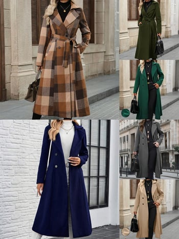 Palton damă din lână cu model carouri, lungime extinsă, închidere cu două rânduri de nasturi, rever, detaliu șnur, mâneci lungi