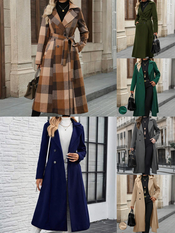 Palton damă din lână cu model carouri, lungime extinsă, închidere cu două rânduri de nasturi, rever, detaliu șnur, mâneci lungi