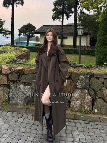 Palton lung de femei în stil britanic, rever, nasturi dubli, material poliester, croială la talie