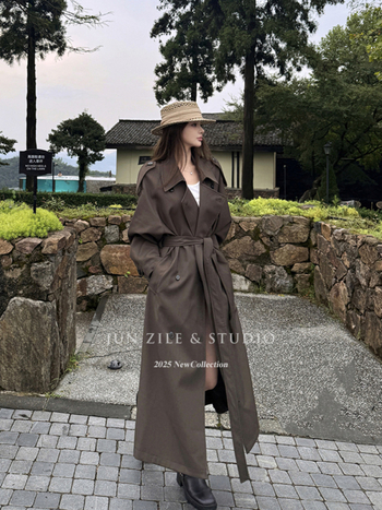 Palton lung de femei în stil britanic, rever, nasturi dubli, material poliester, croială la talie