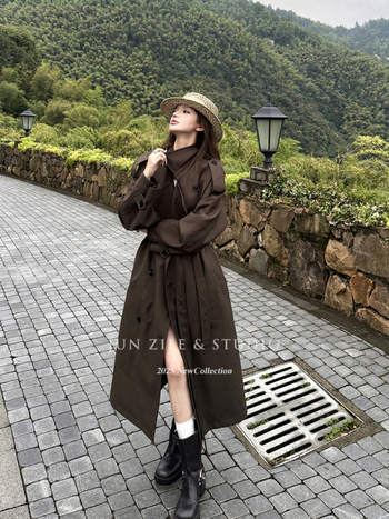 Palton lung de femei în stil britanic, rever, nasturi dubli, material poliester, croială la talie