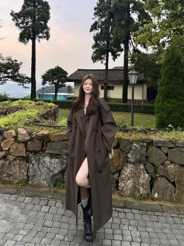 Palton lung de femei în stil britanic, rever, nasturi dubli, material poliester, croială la talie