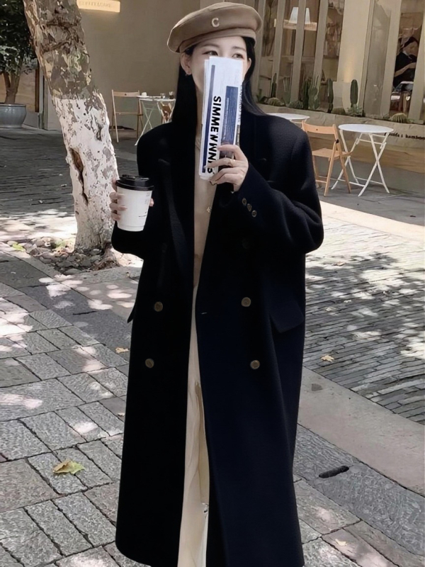 Ženski vuneni kaput srednje duljine, vintage francuskog stila, opuštenog kroja, dvostruko kopčanje