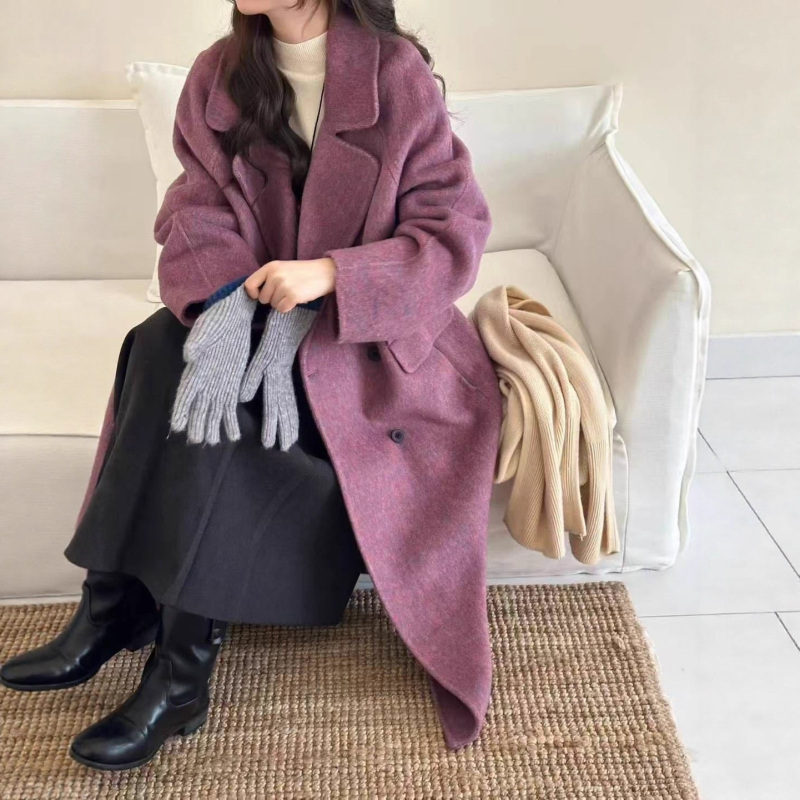 Palton reversibil din lână pentru femei, lung, croială dreaptă, nasturi dubli, mâneci lungi