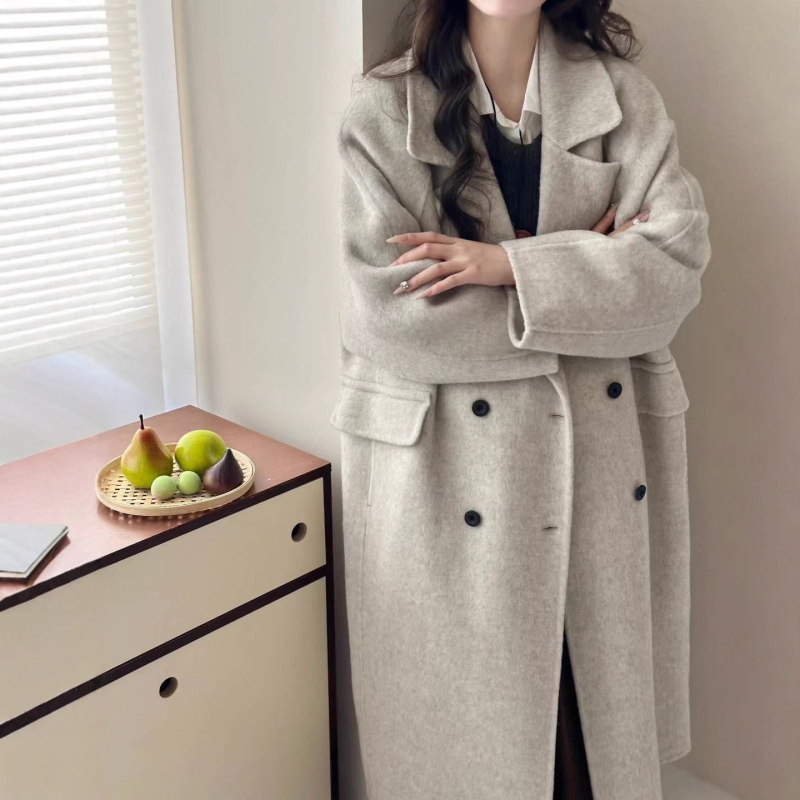 Palton reversibil din lână pentru femei, lung, croială dreaptă, nasturi dubli, mâneci lungi
