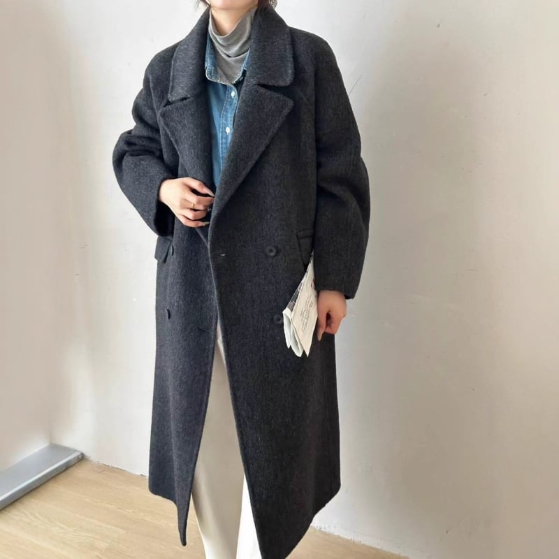 Palton reversibil din lână pentru femei, lung, croială dreaptă, nasturi dubli, mâneci lungi