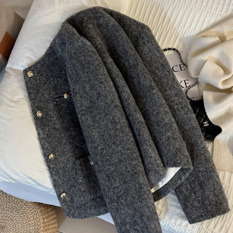 Jachetă din poliester, stil franțuzesc, lungime scurtă, guler rotund, închidere cu nasturi