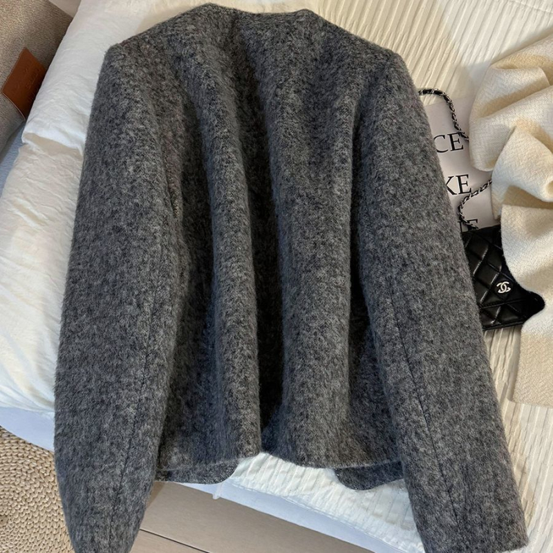 Jachetă din poliester, stil franțuzesc, lungime scurtă, guler rotund, închidere cu nasturi