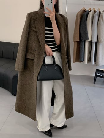 Palton de lână pentru femei, model Herringbone, închidere dublă, lungime extinsă, guler stil sacou