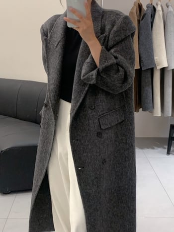 Palton de lână pentru femei, model Herringbone, închidere dublă, lungime extinsă, guler stil sacou