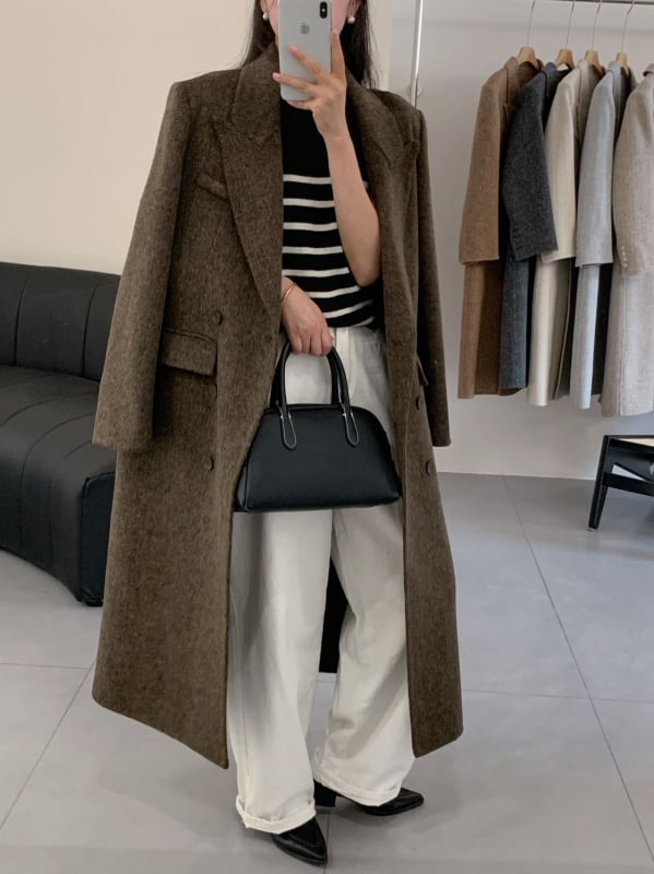 Palton de lână pentru femei, model Herringbone, închidere dublă, lungime extinsă, guler stil sacou