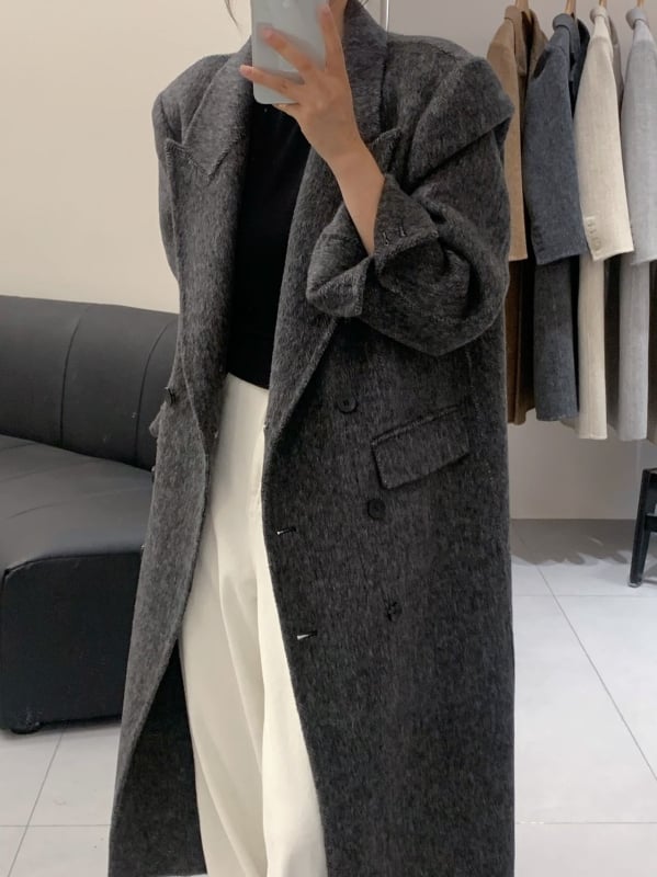 Palton de lână pentru femei, model Herringbone, închidere dublă, lungime extinsă, guler stil sacou