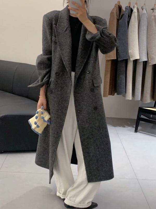 Palton de lână pentru femei, model Herringbone, închidere dublă, lungime extinsă, guler stil sacou