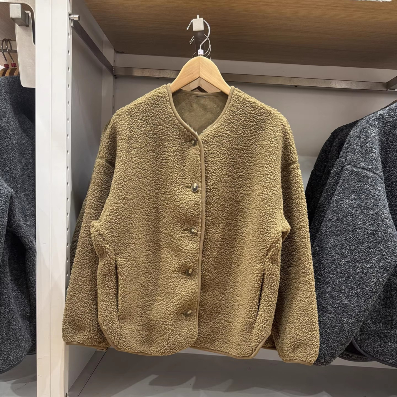 Ženski kardigan od imitacije kašmira i polar fleksa, casual, dugi rukavi, opušten kroj, topli fleec džemper/jakna, jesen-zima 2025, 479616