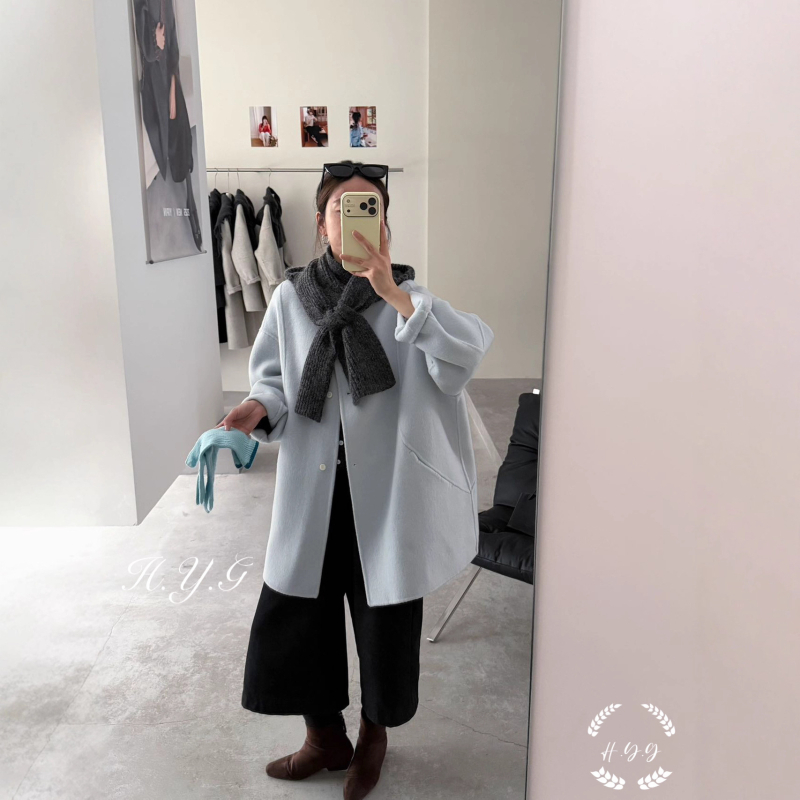 Ženski reverzibilni vuneni kaput s alpaka smjesom, okrugli ovratnik, srednja duljina, udoban kroj, 3D uzorak
