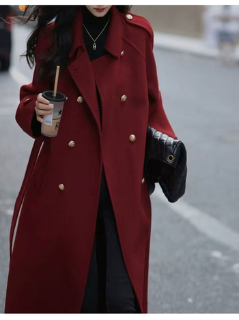 Palton lung de lână pentru femei, nasturi dublu rând, croială lejeră, guler pătrat, lungime 80–100 cm, material lână peste 95%, stil Harajuku