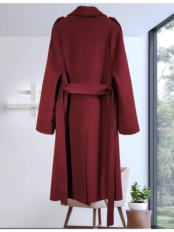 Palton lung de lână pentru femei, nasturi dublu rând, croială lejeră, guler pătrat, lungime 80–100 cm, material lână peste 95%, stil Harajuku