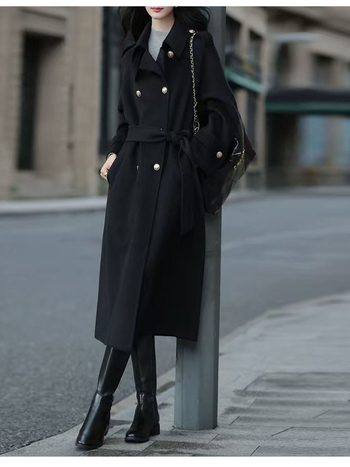 Palton lung de lână pentru femei, nasturi dublu rând, croială lejeră, guler pătrat, lungime 80–100 cm, material lână peste 95%, stil Harajuku